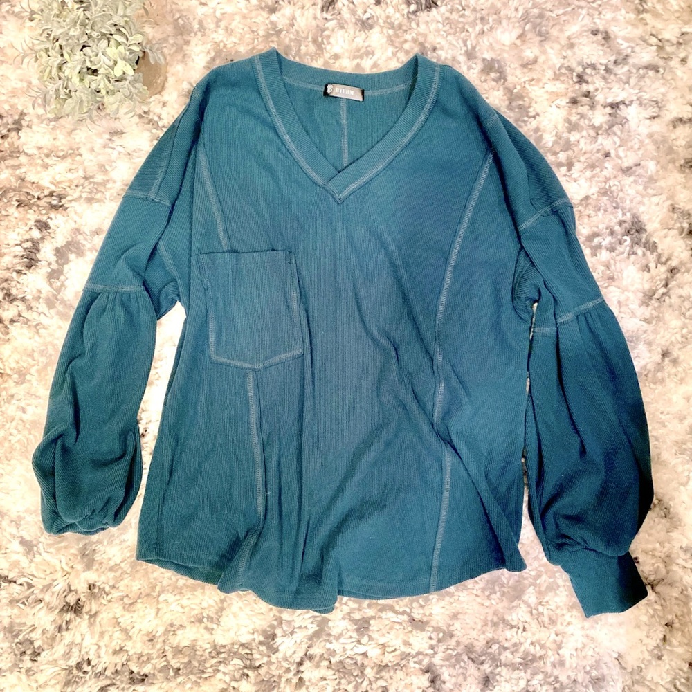 BTFBM Casual VNeck Ribbed Knitted Pullover Tunic Top Loose Balloon Sleeve Blouse